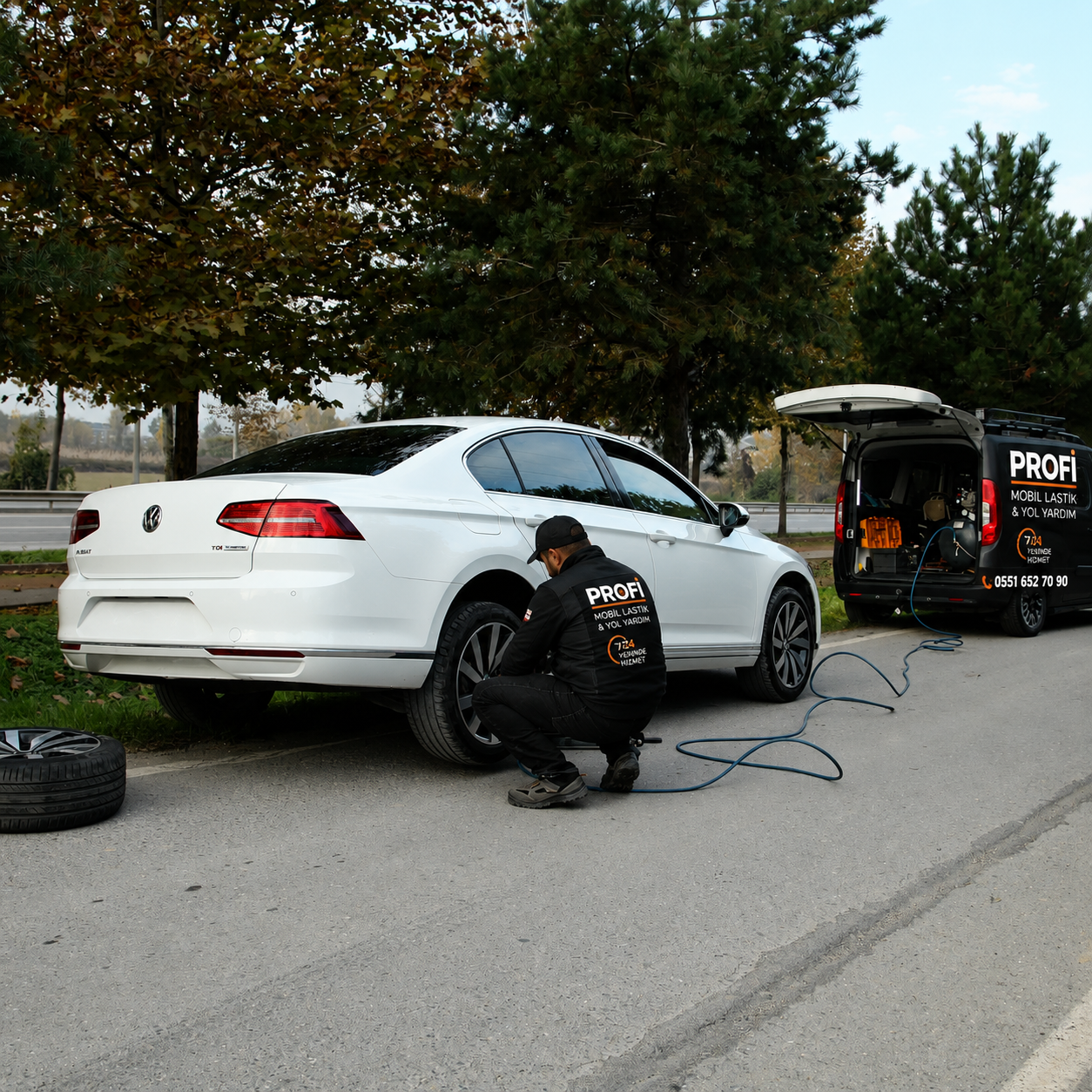 PROFİ Mobil Lastik ekibi Afyonkarahisar yerinde lastik değişimi yaparken